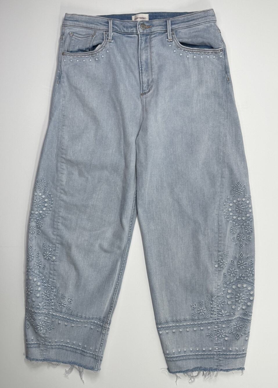 Driftwood Parker Barrel Jeans Embroidered Light Wash Womens Size 14